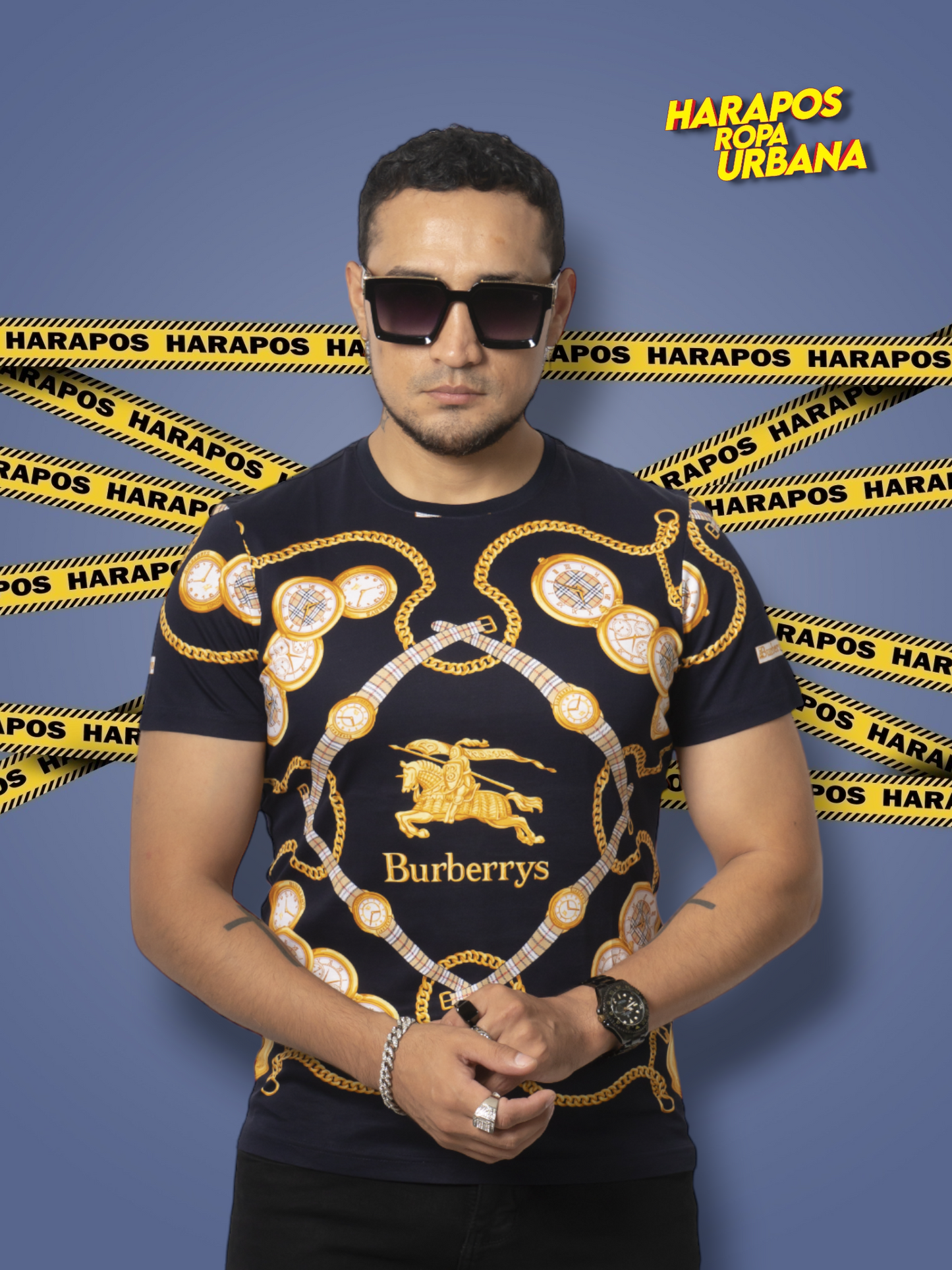 Polera burberrys sublimado azul con relojes