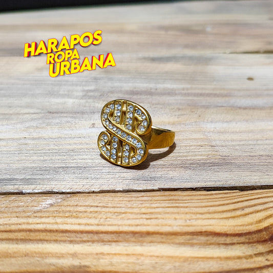 Anillo de acero dorado signo dolar diamantes