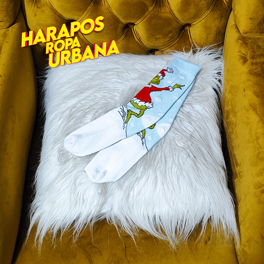 Medias navideñas grinch celeste y blanco