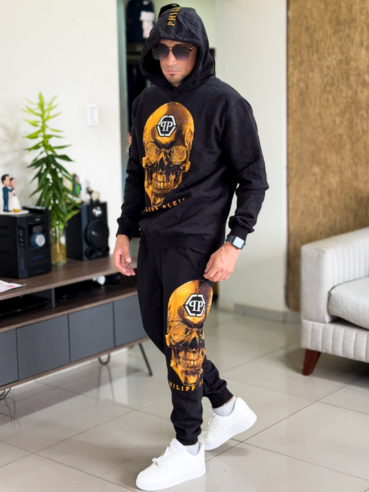 Conjundo deportivo premium PHILIPP PLEIN Gold Sckull con PEDRERIA