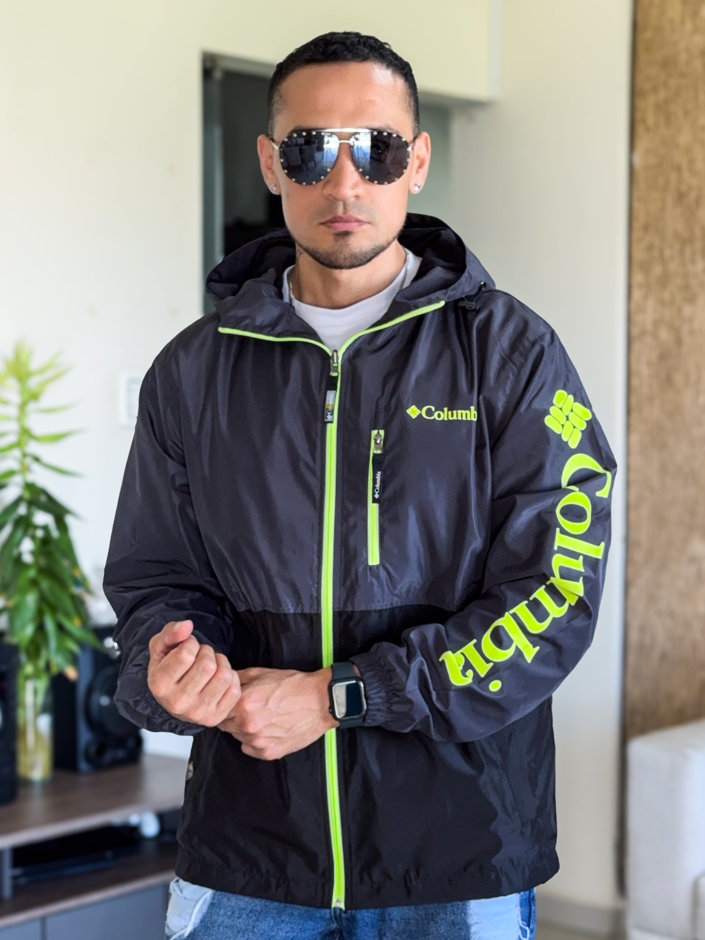 Chaqueta Rompevientos Columbia Premium Bi-color Plomo/Negro neon