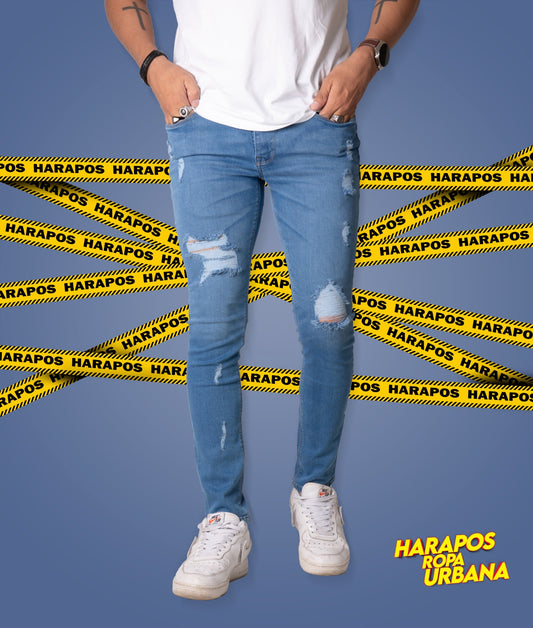 Pantalon jean demin celeste claro rasgado