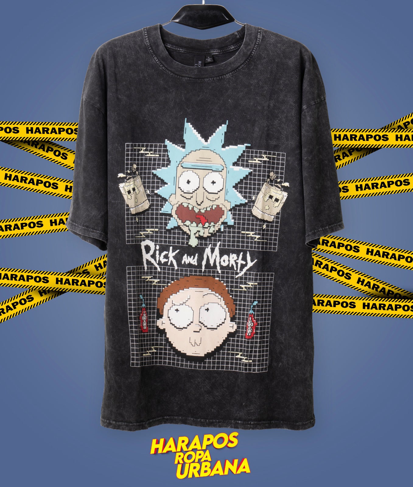 Polera Rose London oversize rick and morty lego negro prelavado