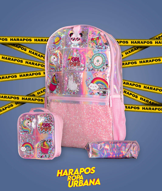 Mochila de niña rosada arcoiris con lonchera y estuche
