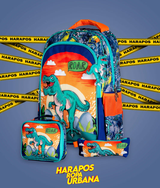 Mochila de niño dinosaurio verde con lonchera y estuche