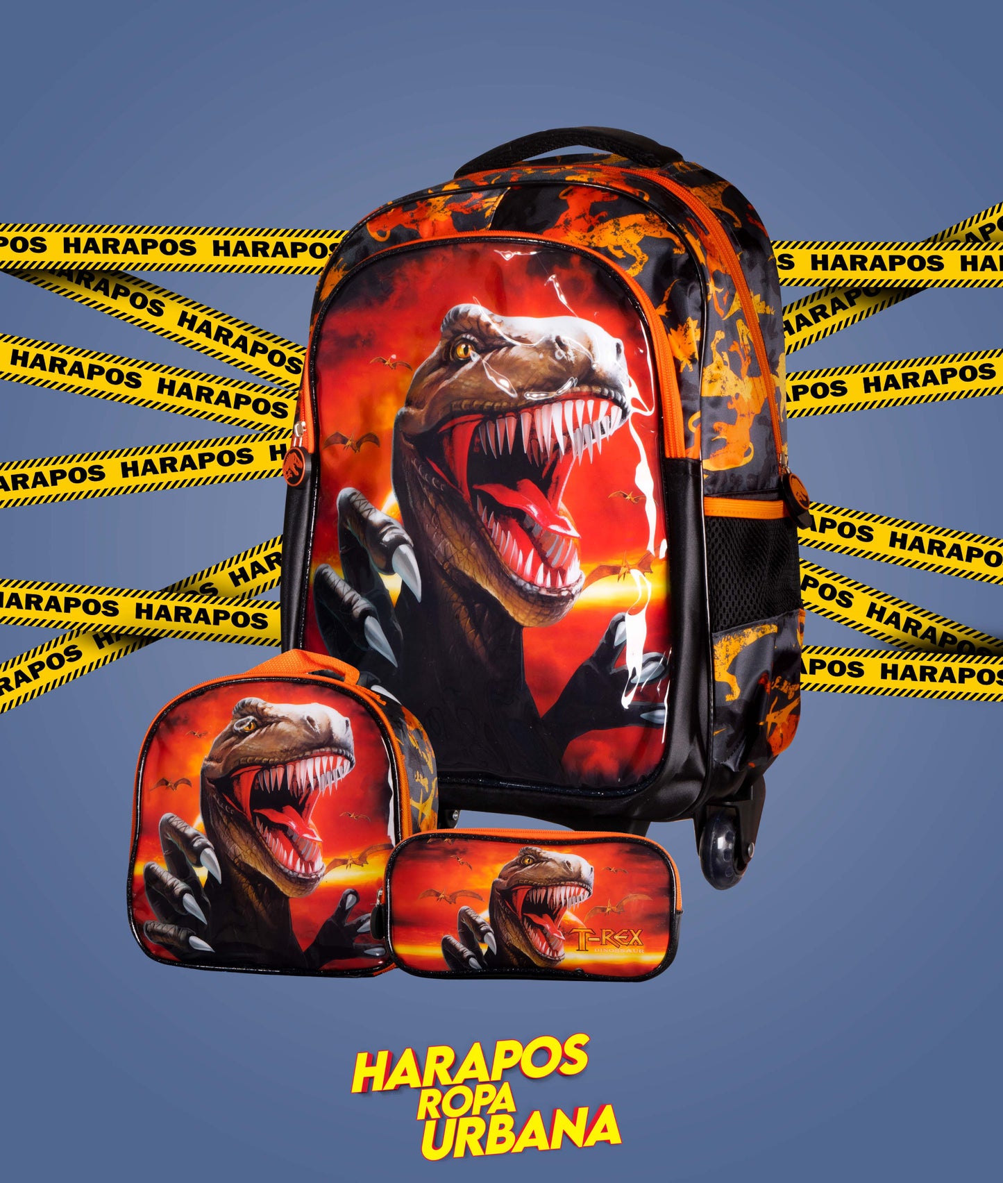 Mochila de niño con ruedas dinosaurio con lonchera y estuche