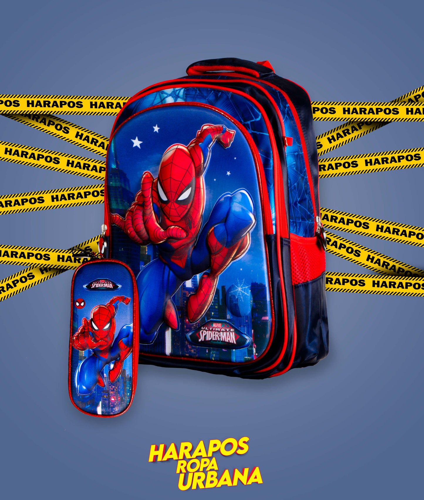 Mochila de niño spiderman en relieve azul con estuche