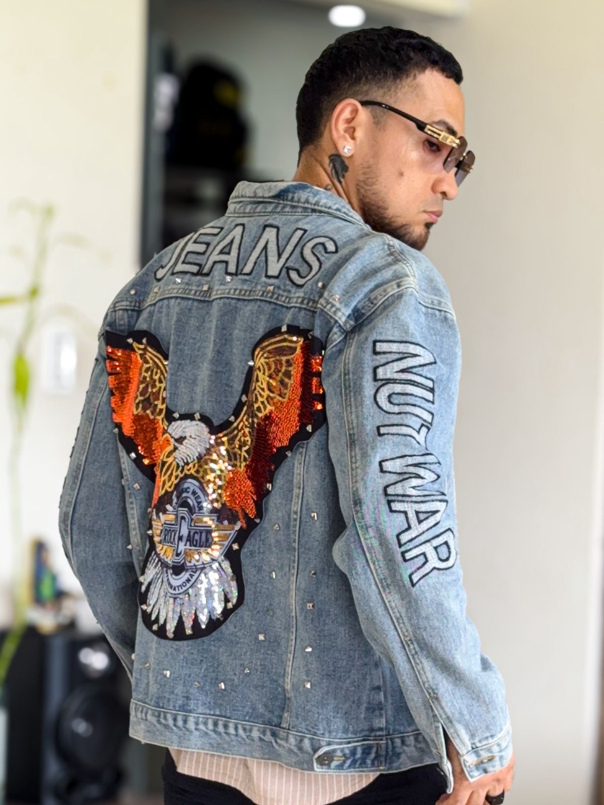 Chaqueta de Diseñador Koreana Aguila Real Jean Desgastado