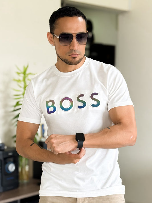 Polera HUGO BOSS premium logo holográfico blanca