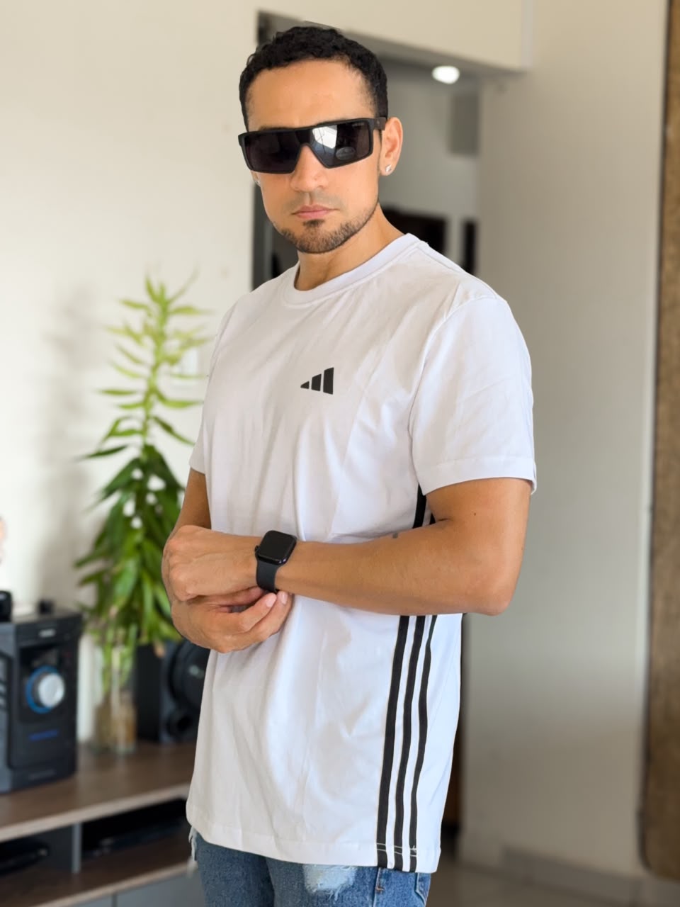 Polera ADIDAS clásico franjas laterales blanco
