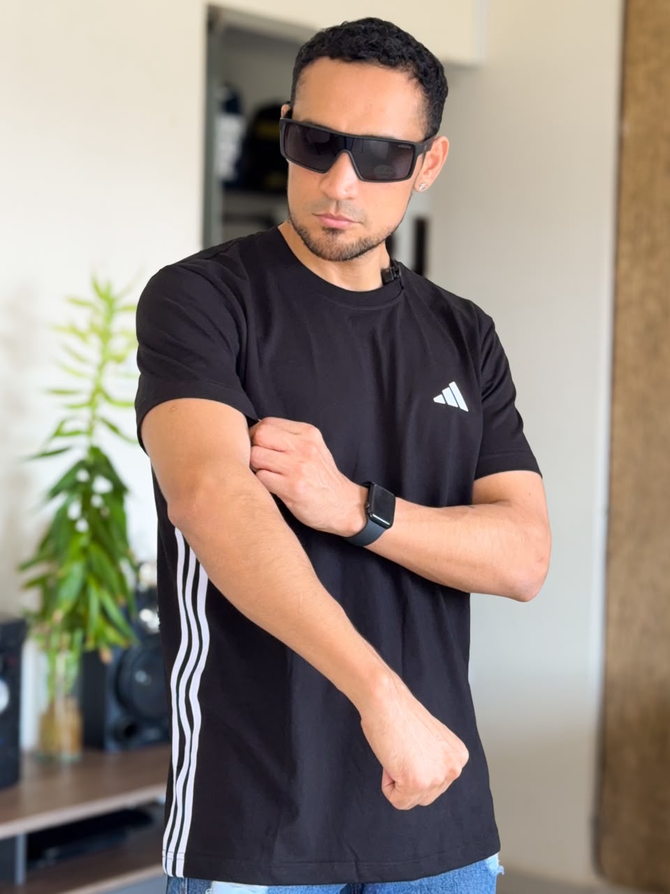 Polera ADIDAS clásico franjas laterales negro