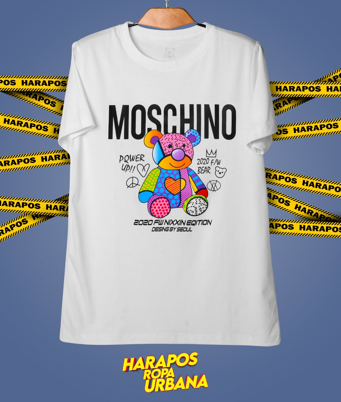 Polera moschino blanca oso de colores