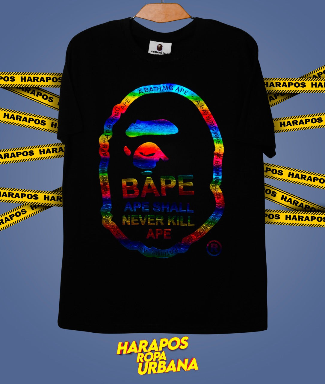 Polera bape negra logo con holograma