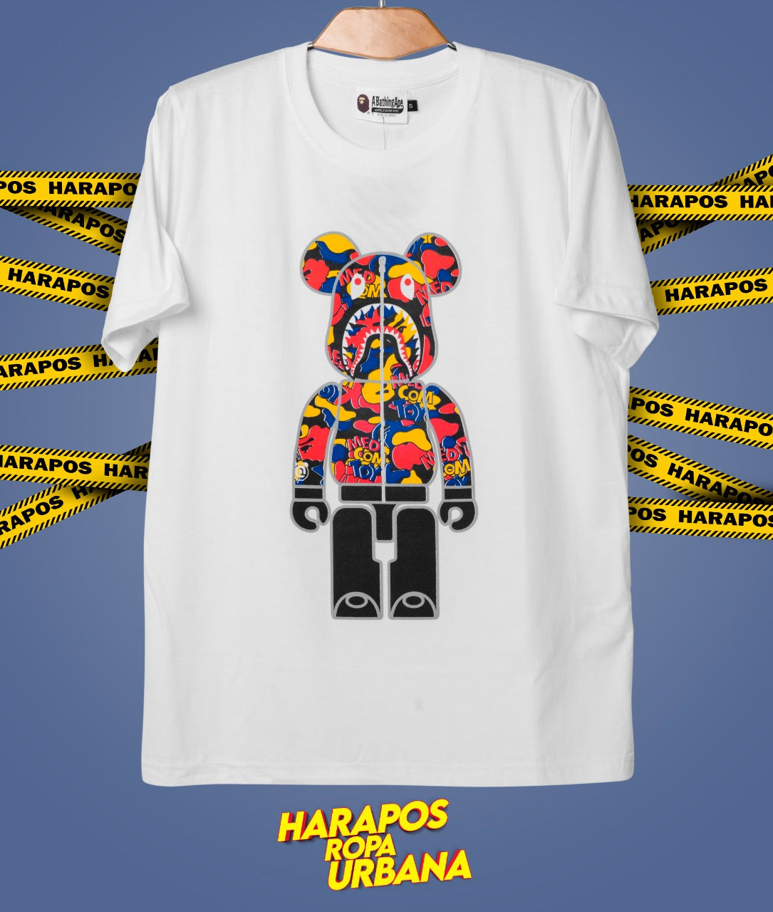 Polera bape blanca oso robot colorido