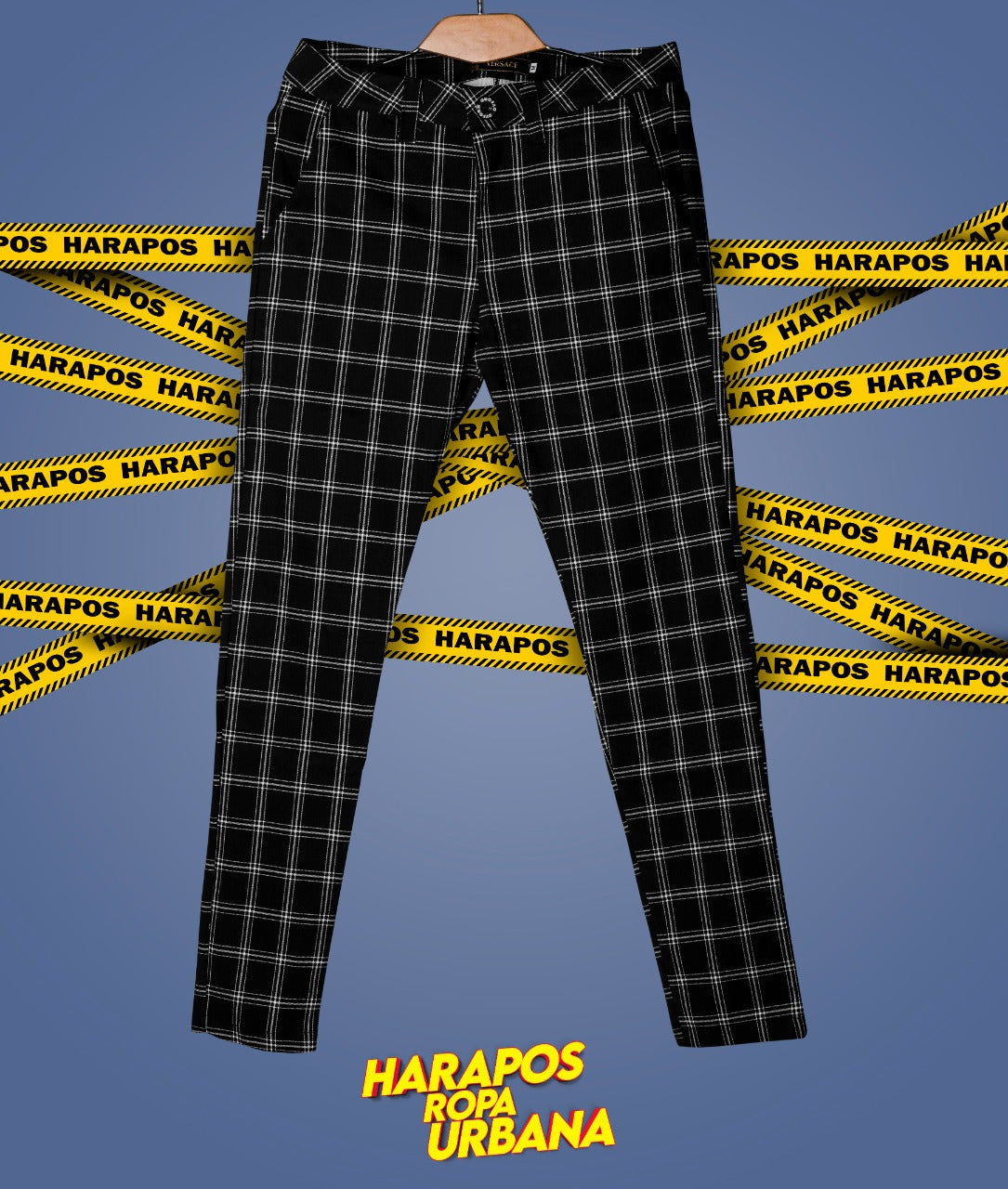 Pantalon Versace tela a cuadros negro