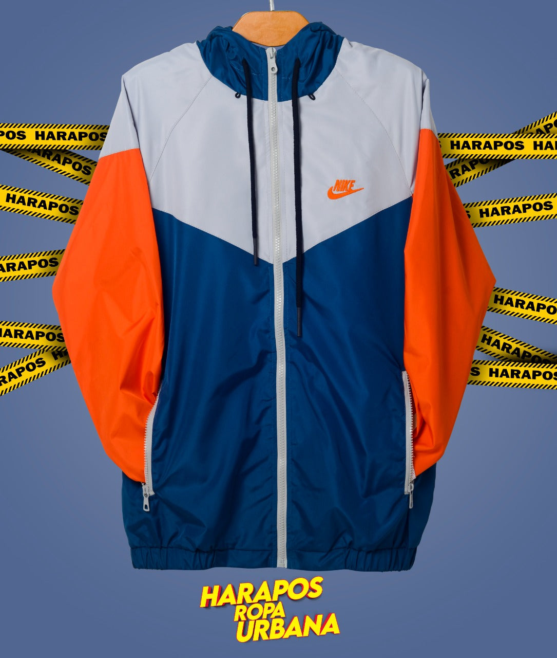 Chaqueta rompevientos nike plomo, azul y naranja