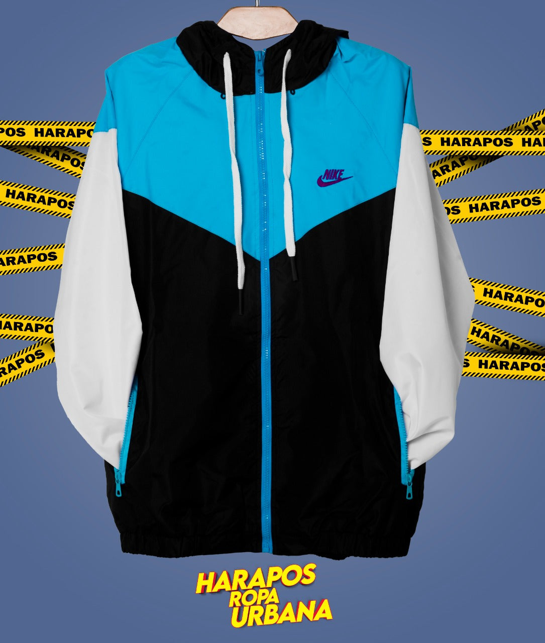 Chaqueta rompeviento nike azul y negro mangas blancas swoosh lila