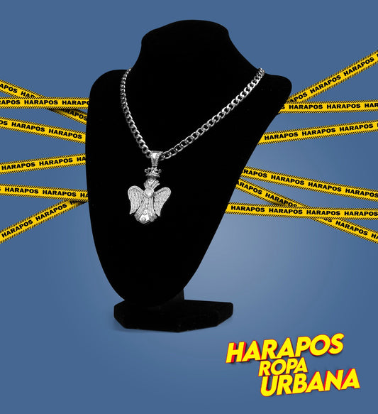 Cadena de acero plateada dije cruz angel con diamantes