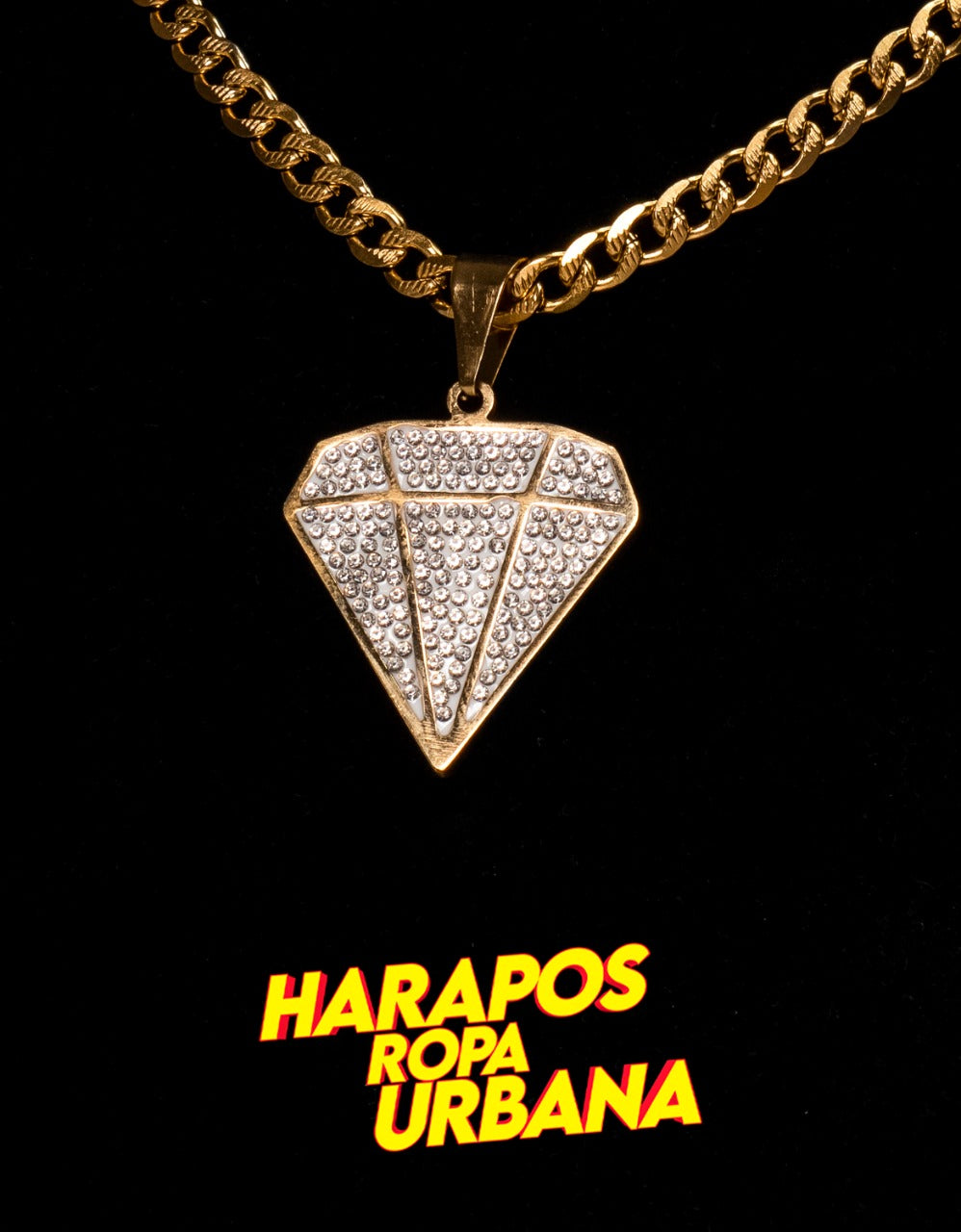 Cadena acero y dije diamante grande diamantada dorada