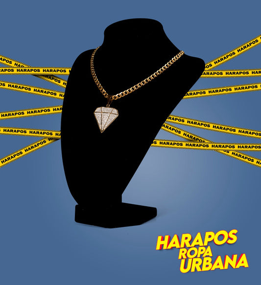 Cadena acero y dije diamante grande diamantada dorada