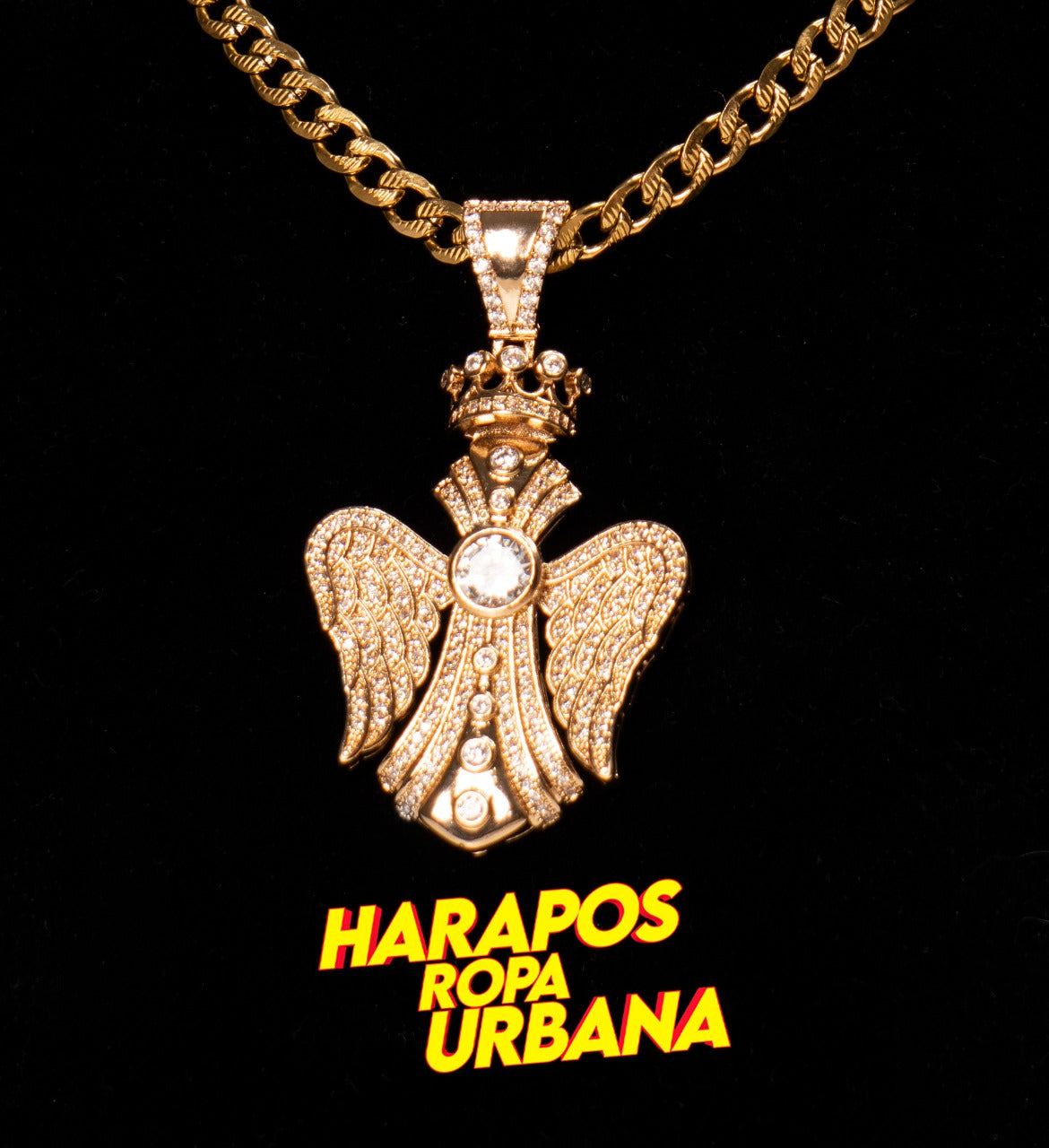 Cadena de acero dorada dije cruz angel con diamantes