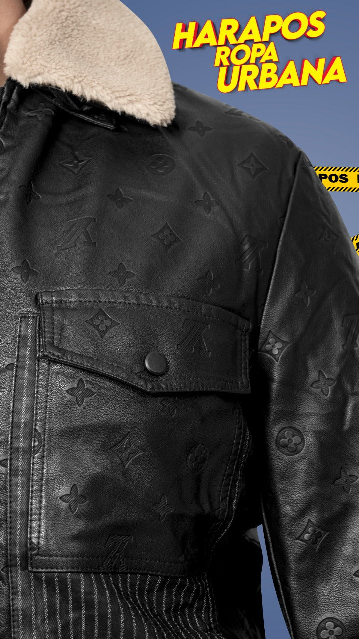 Chamarra louis vuitton de cuero negra premium