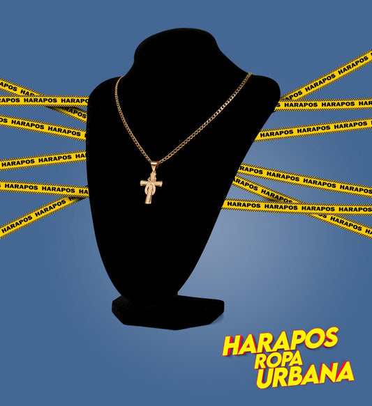 Cadena acero y dije cruz lazo enredado dorada