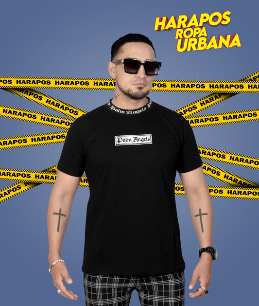 Polera palm angels negro cuello de hilo logo rectangulo