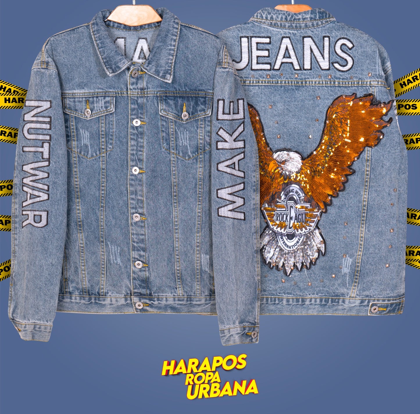 Chaqueta jean exclusivo de diseñador celeste aguila dorada atras
