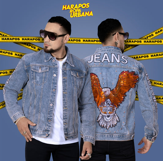 Chaqueta jean exclusivo de diseñador celeste aguila dorada atras