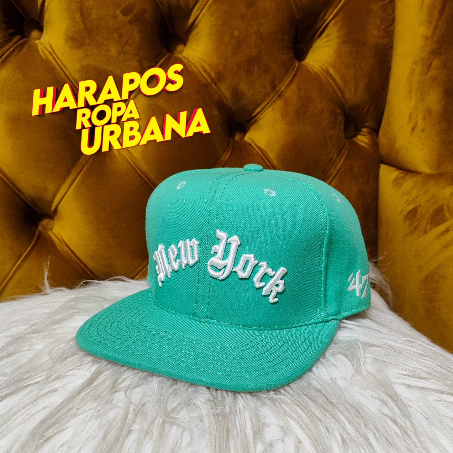 Gorra new york NY plana verde agua con letras blancas