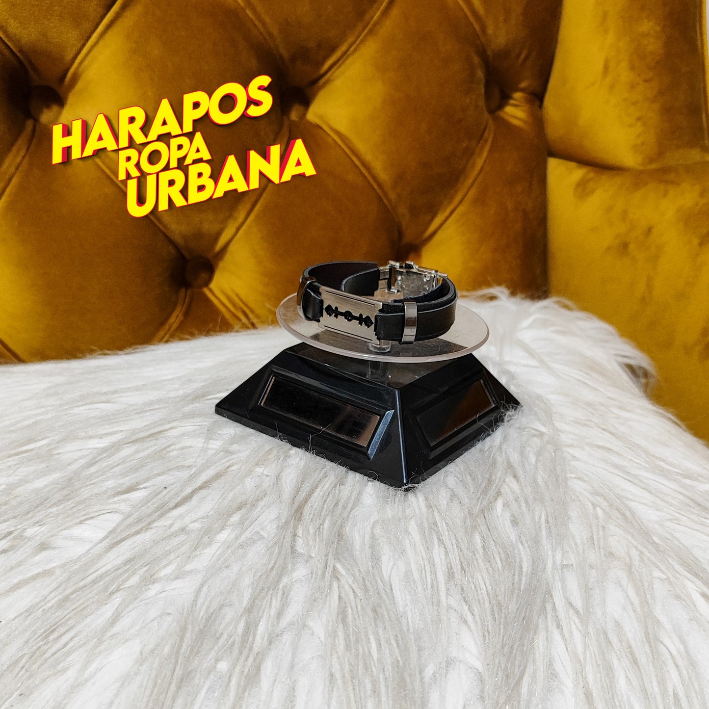 Manilla negra de cuero con diseño de gillette