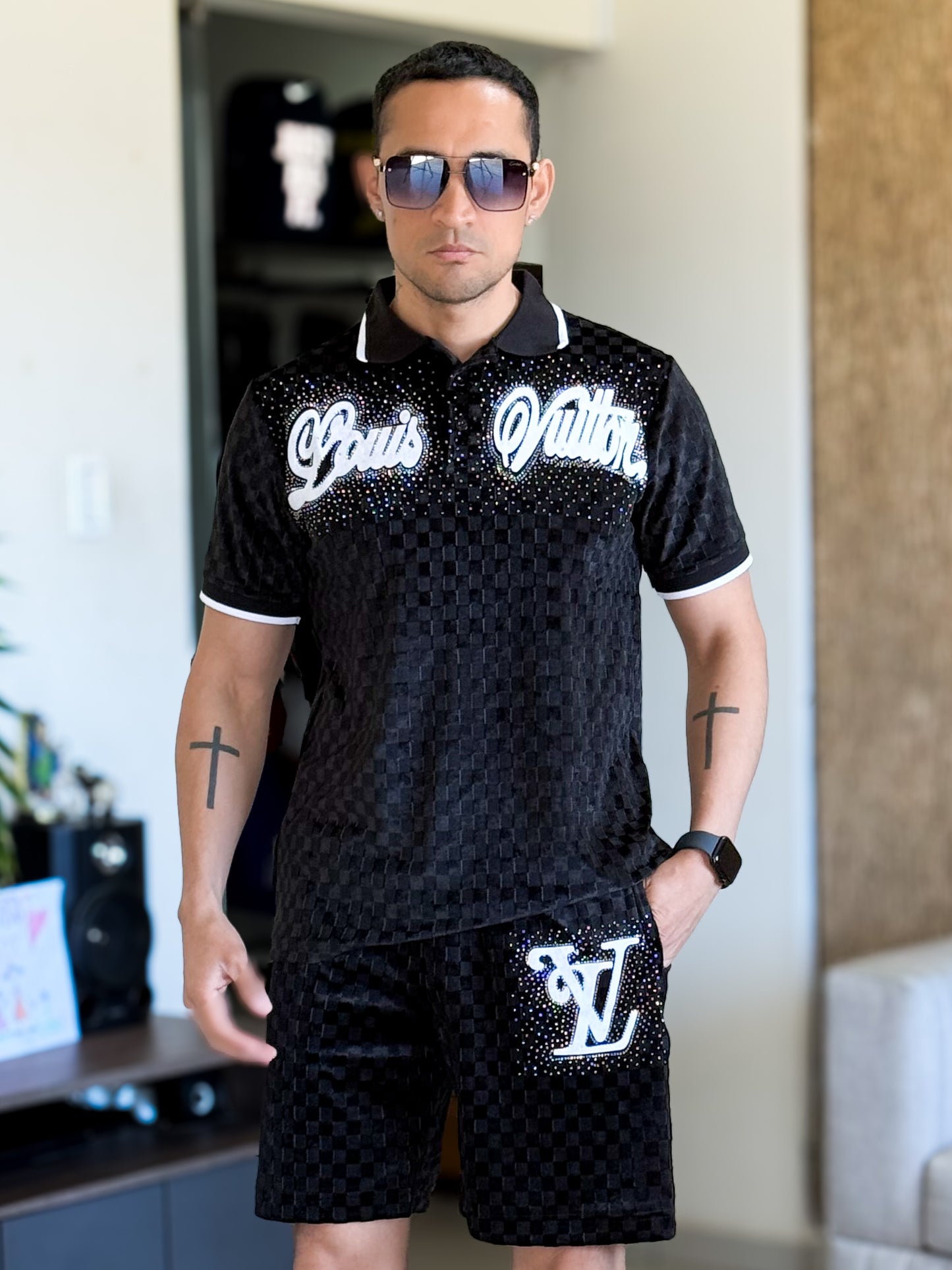 Conjunto de Verano Premium LOUIS VUITTON gamuzado grabado laser cuadriculado cuello negro