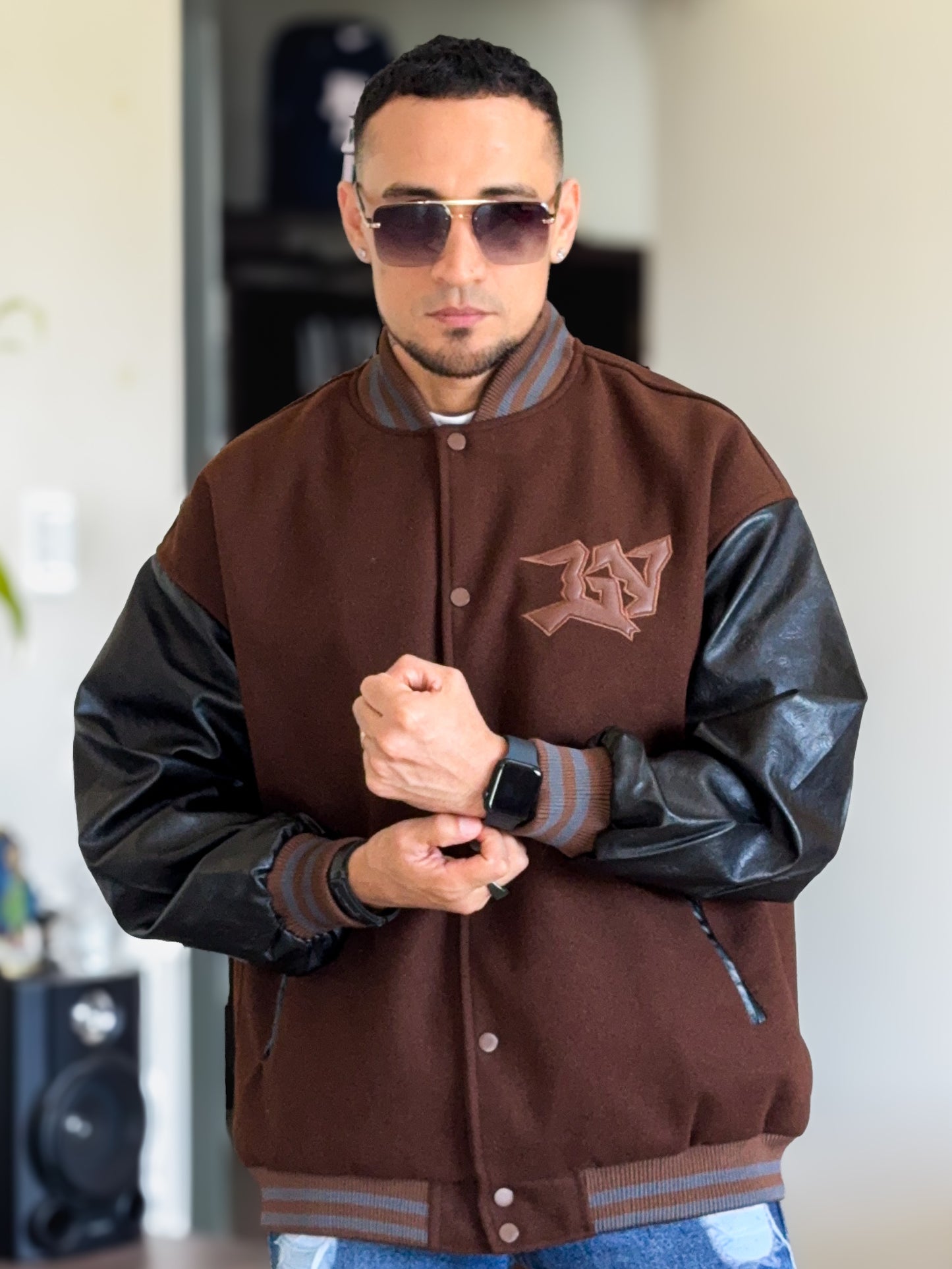 Chaqueta Bomber Premium Louis Vuitton Theater de Paño, mangas de cuero y detalles bordados
