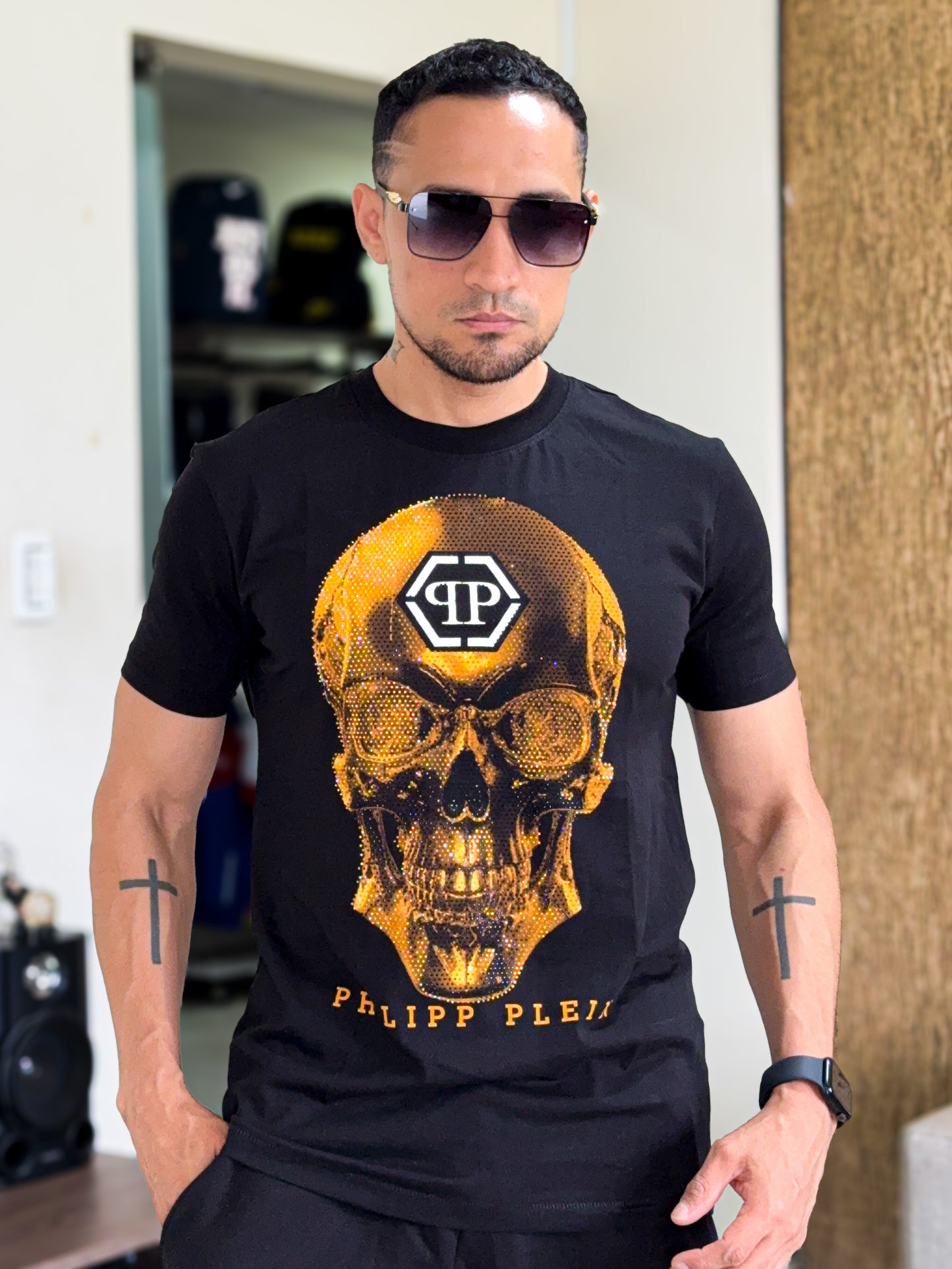 Polera premium PHILIPP PLEIN Gold Sckull con PEDRERIA