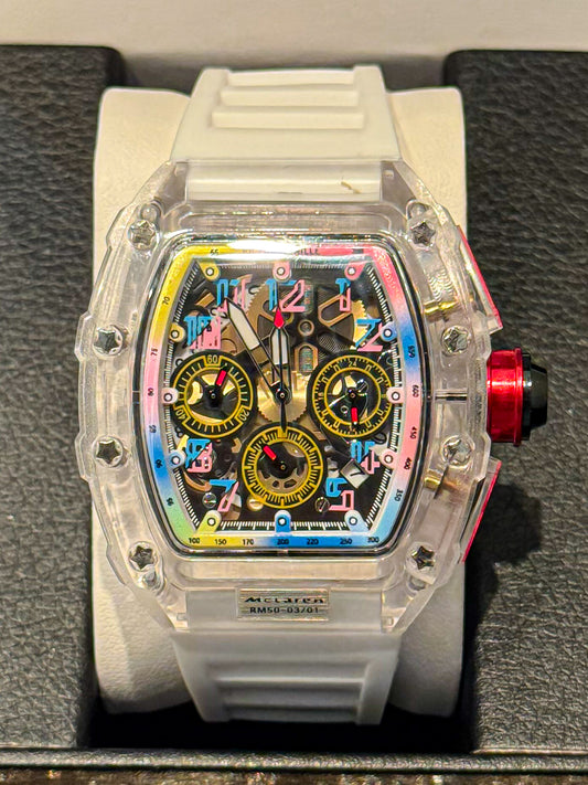 Reloj Richard Mille Caja Transparente MCLAREN RAINBOW manilla blanco