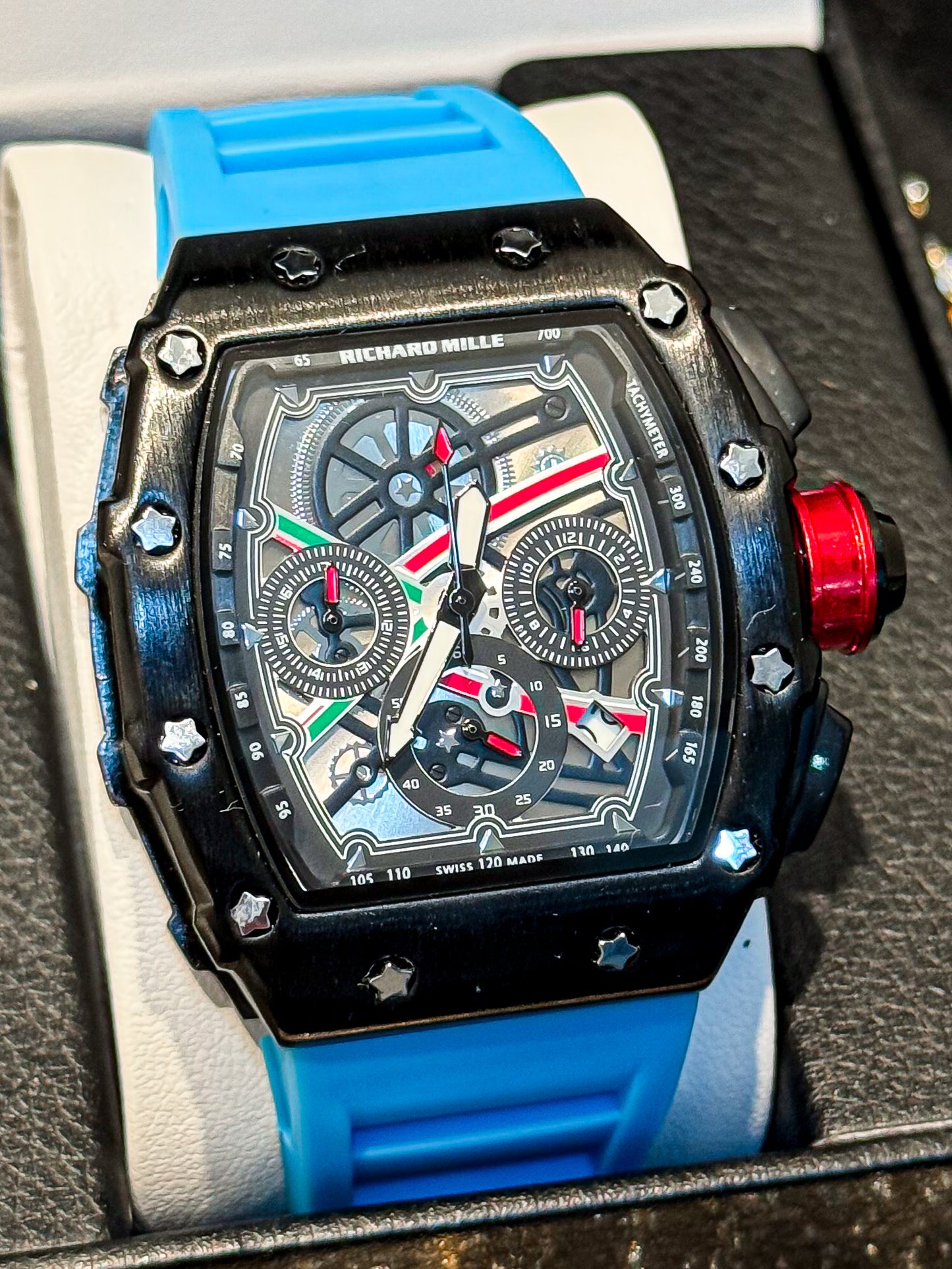 Reloj Richard Mille Caja Metallica negra Modelo RACER 2026 manilla celeste