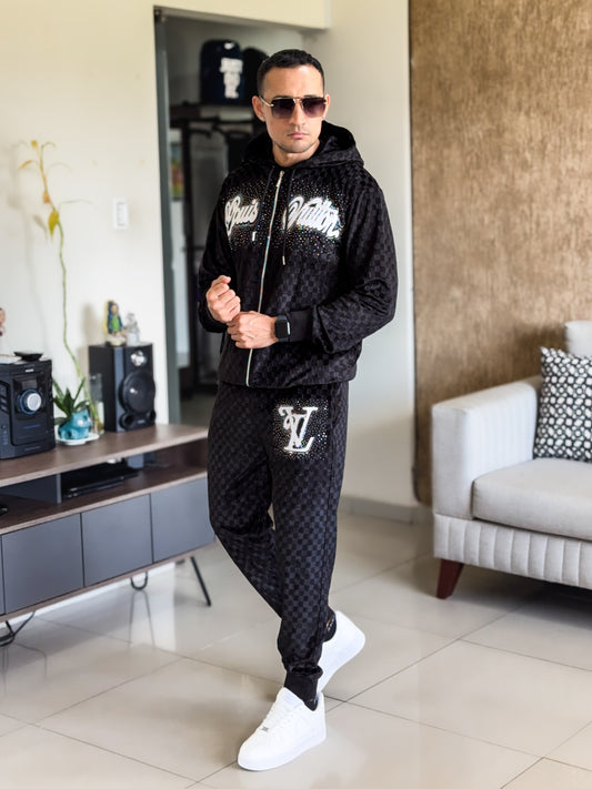 Conjunto deportivo Louis Vuitton Chaqueta con pedreria logo costurado Negro PREMIUM