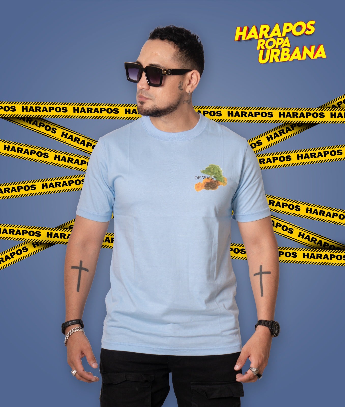 Polera off white celeste estilo pintura colores