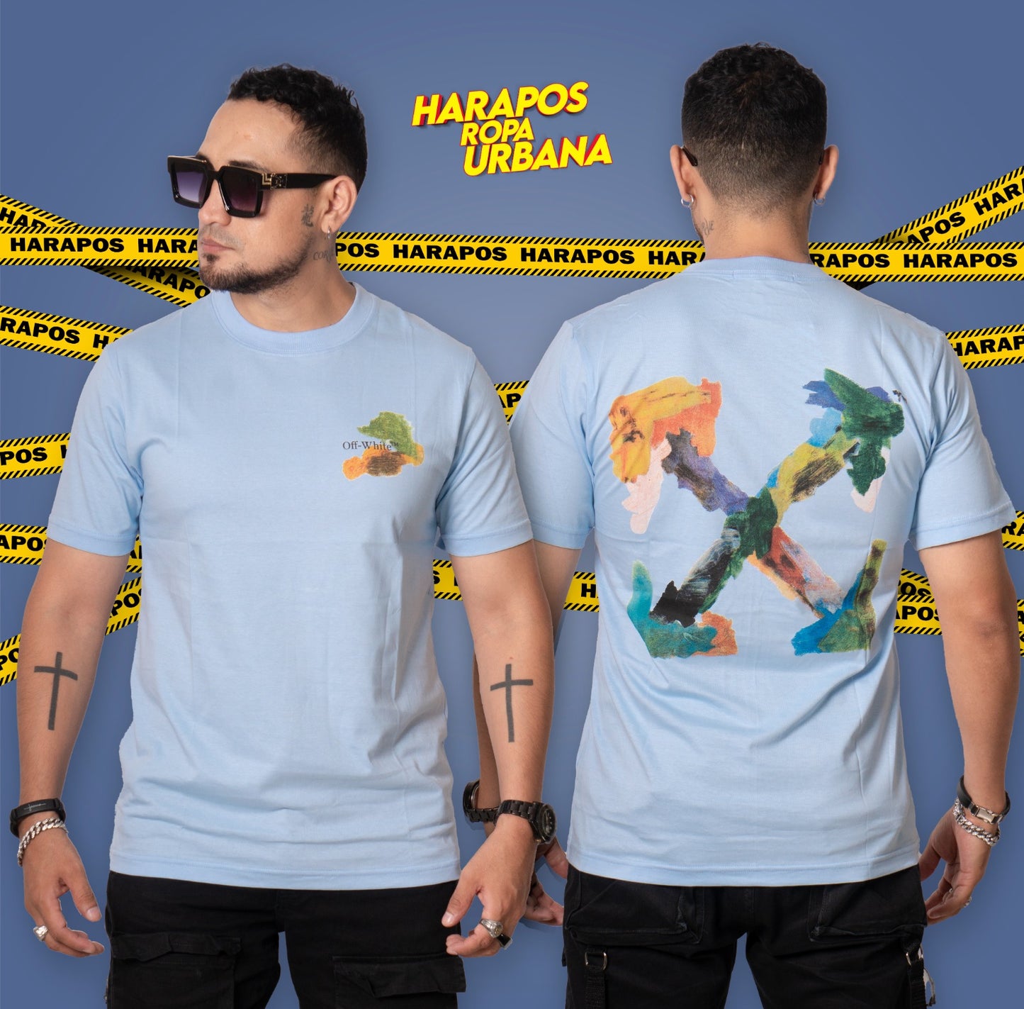 Polera off white celeste estilo pintura colores