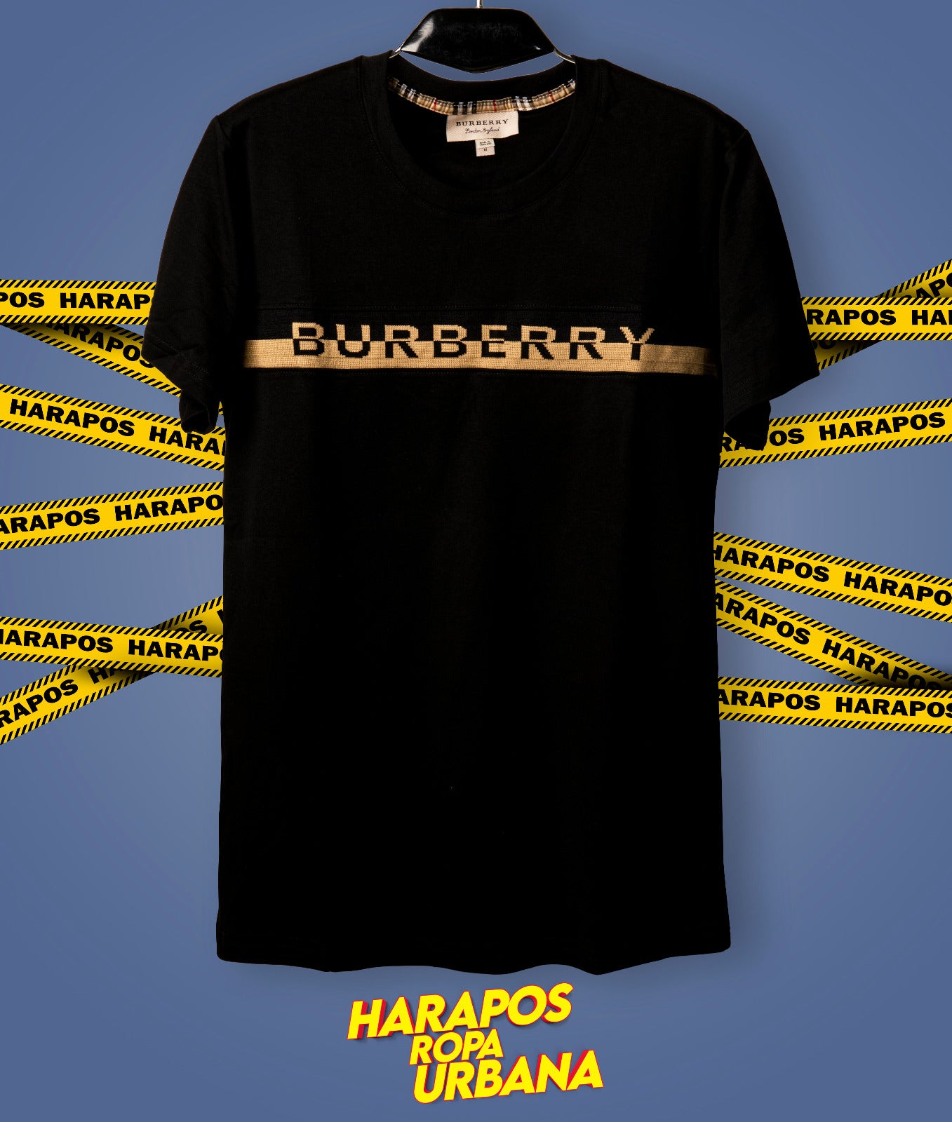 Polera burberry negra franja bordada