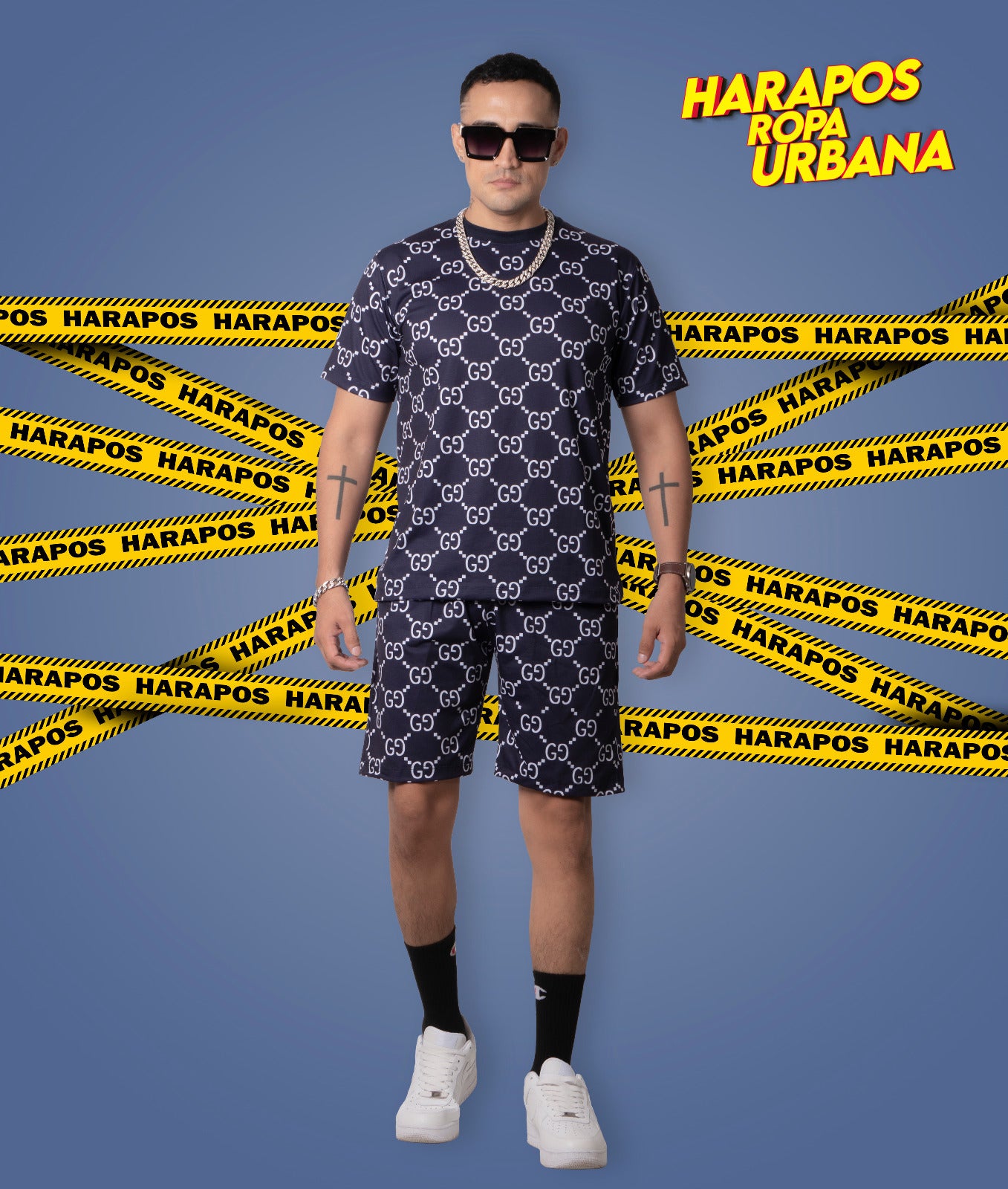 Conjunto de verano sublimado gucci azul marino con letras blancas short + polera