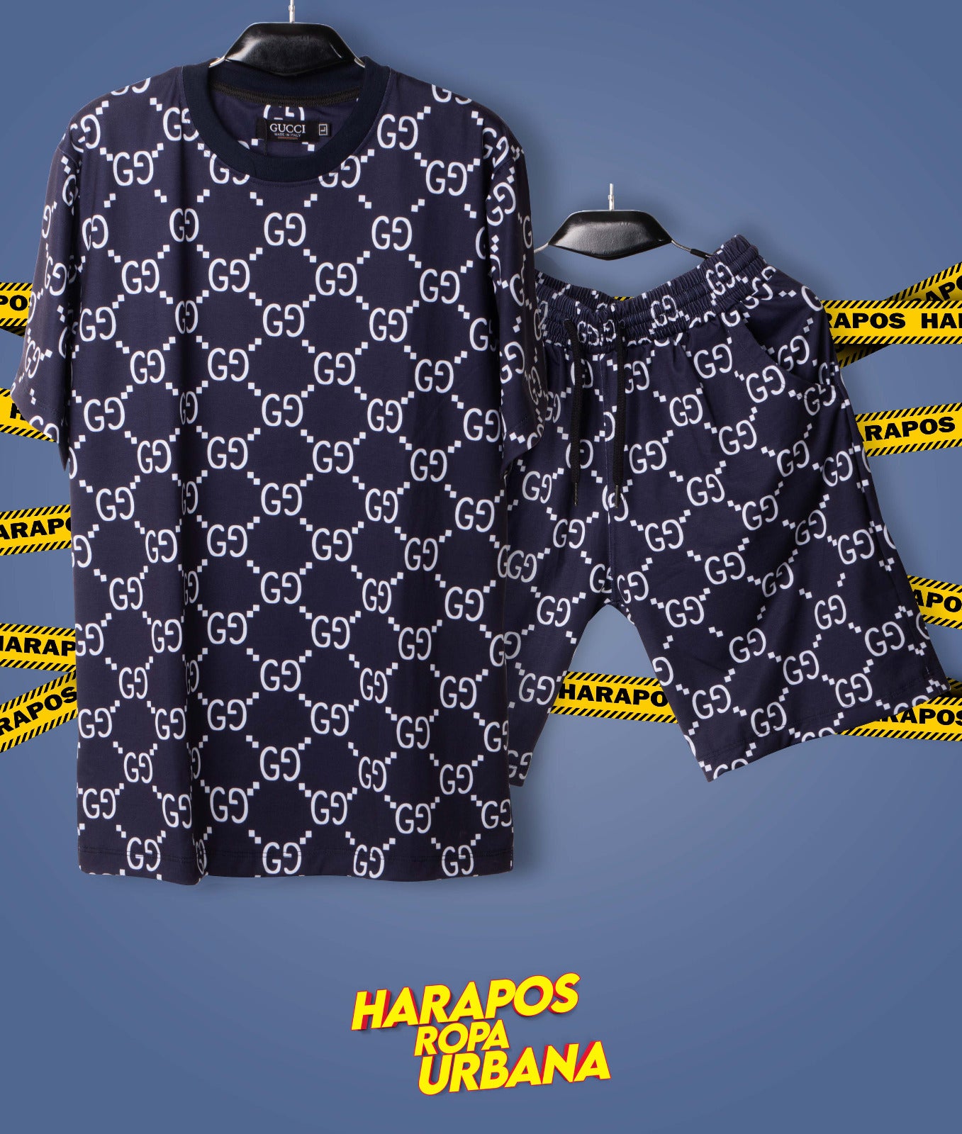 Conjunto de verano sublimado gucci azul marino con letras blancas short + polera