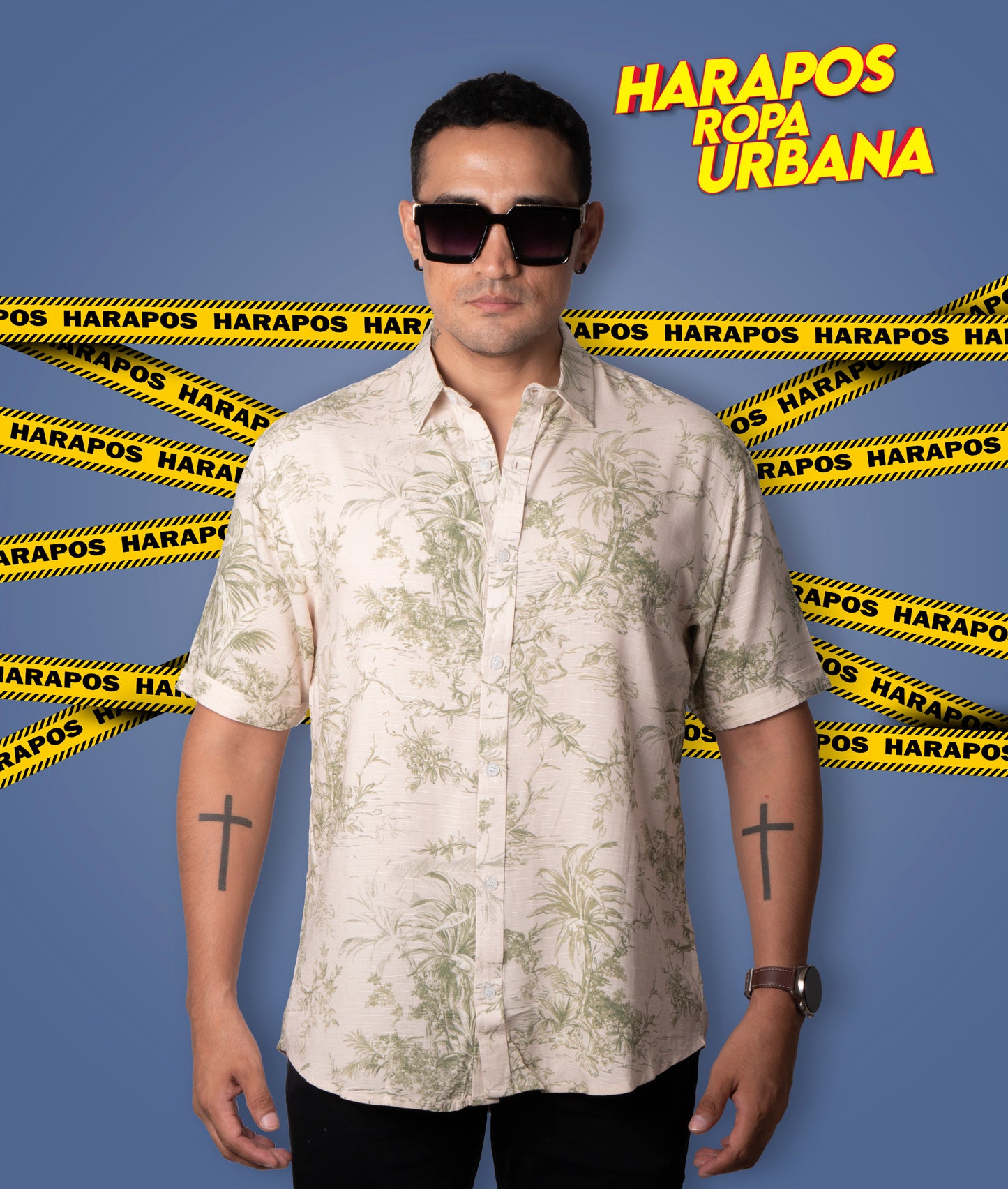 Camisa H&M crema con jaspeado verde