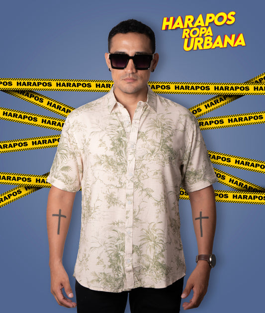 Camisa H&M crema con jaspeado verde