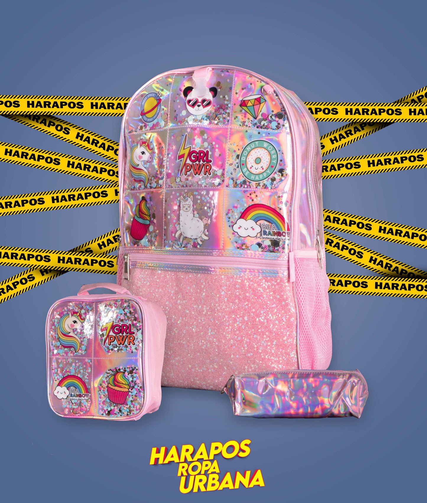 Mochila de niña rosada arcoiris con lonchera y estuche