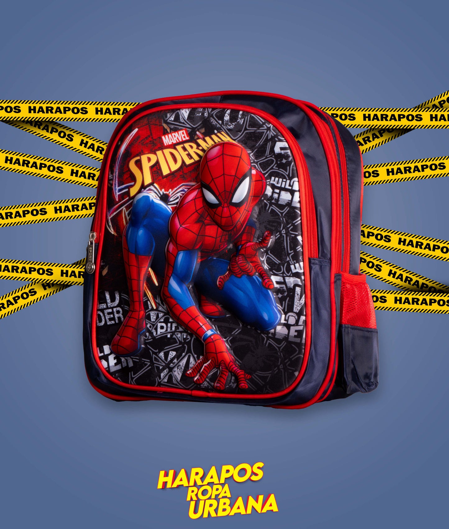 Mochila de niño spiderman negro en relieve azul pequeña