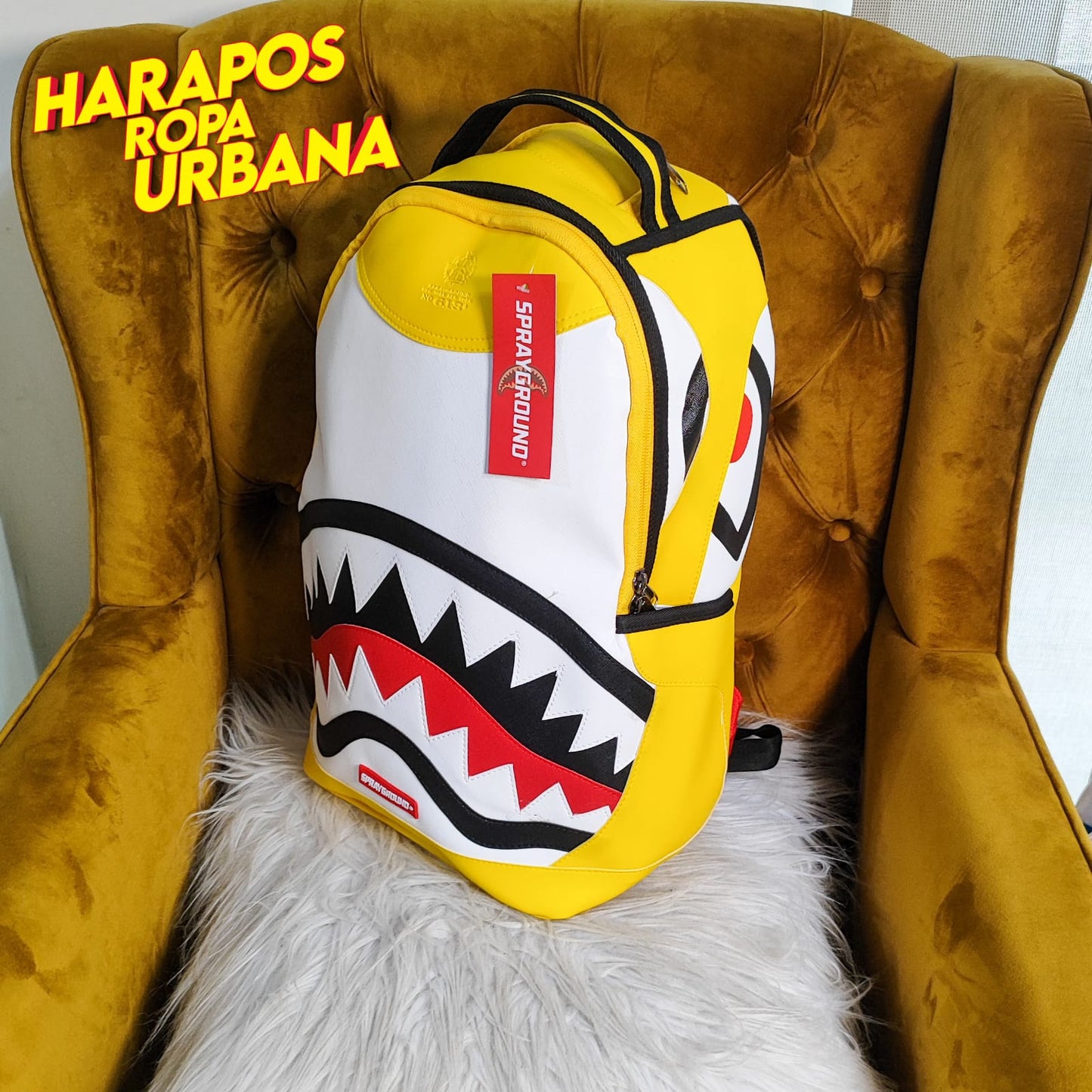 Mochila Sprayground cuero liso amarillo con blanco