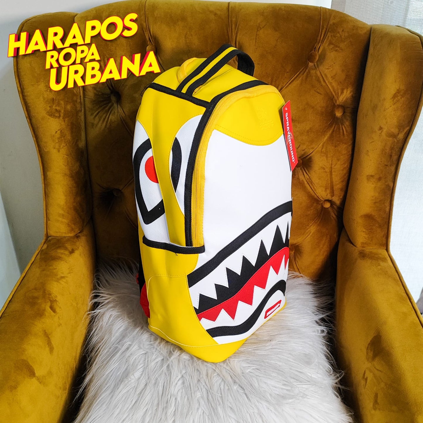 Mochila Sprayground cuero liso amarillo con blanco