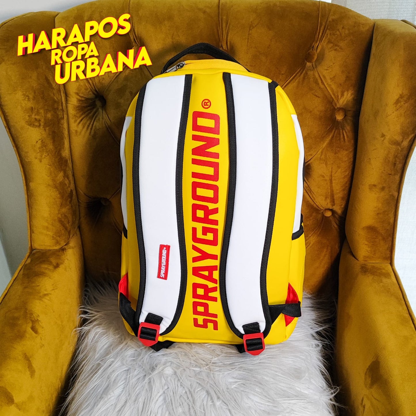 Mochila Sprayground cuero liso amarillo con blanco